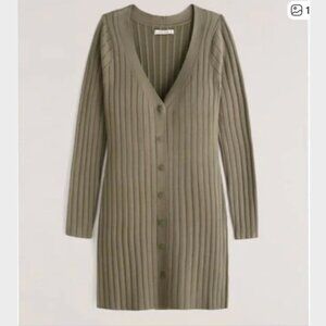 Abercrombie & Fitch Olive Green Button-Through Deep-V Mini Sweater Dress- Size M